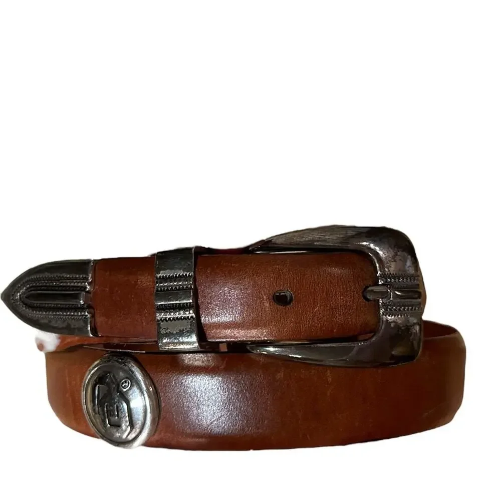 OU University of Oklahoma Mens Size 34 Brown Leather Belt Silver Buckle